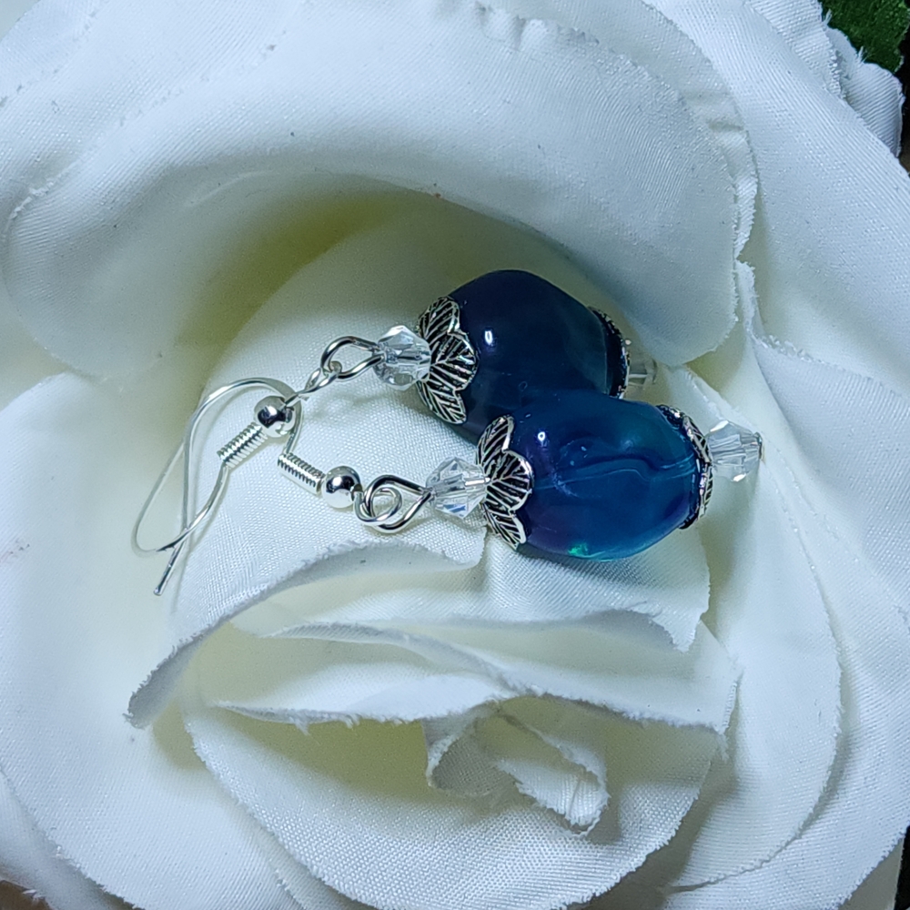 Hand Crafted Dangle Earrings With Blue Beads and Silver Toned Accents